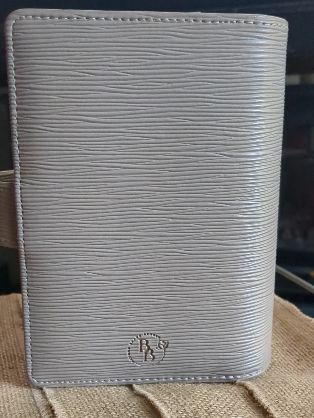 A6 Saffiano Binder In Taupe with Gold Hardware.